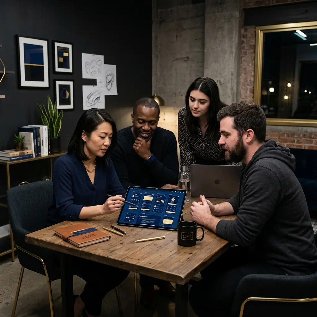 Creative team reviewing high fidelity wireframes on a tablet, modern minimalist office, dark aesthetic.